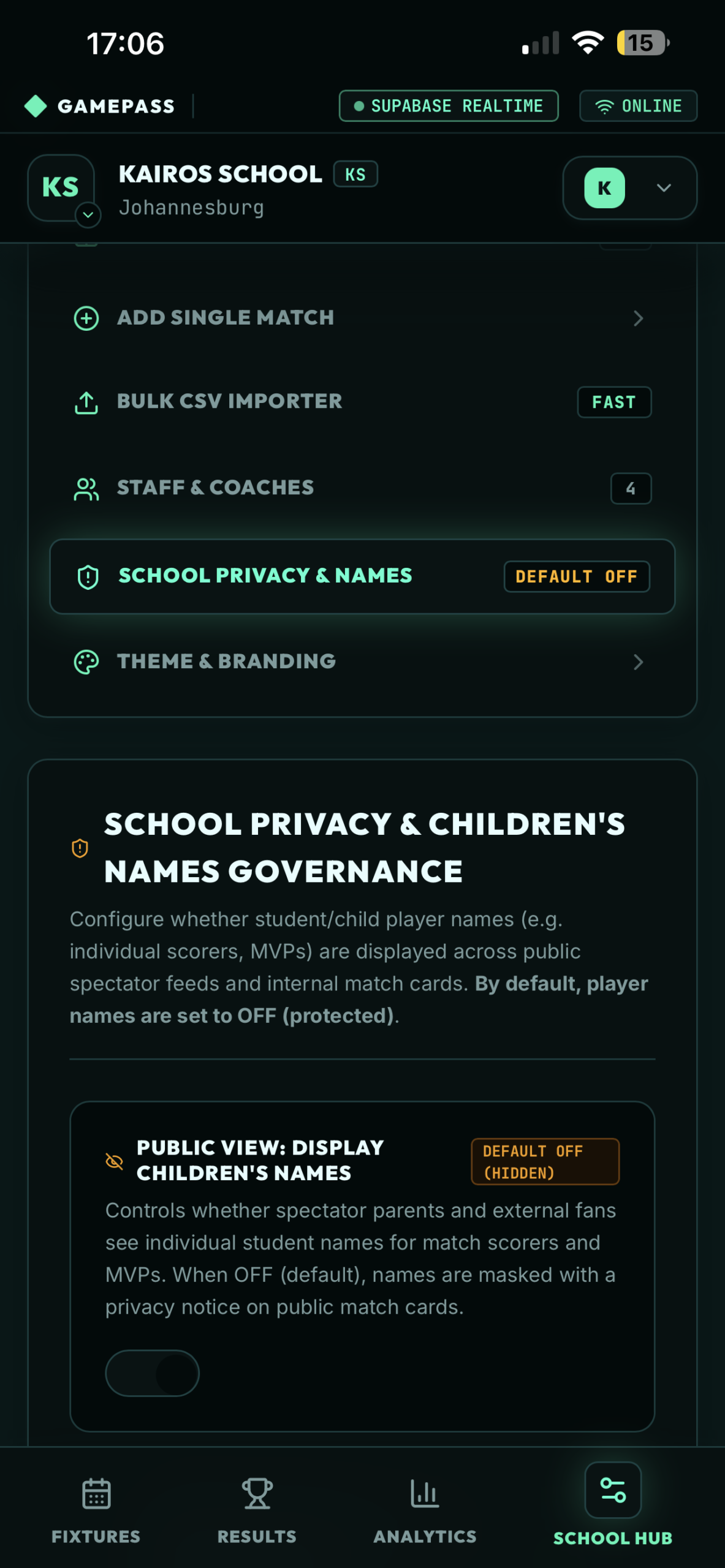 School Privacy Settings Screen